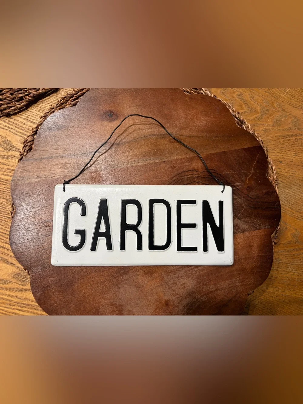 Embossed Metal “GARDEN” Hanging Sign – Black & White Rustic Farmhouse Decor